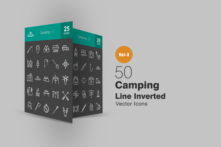 50 Camping Line Inverted Icons