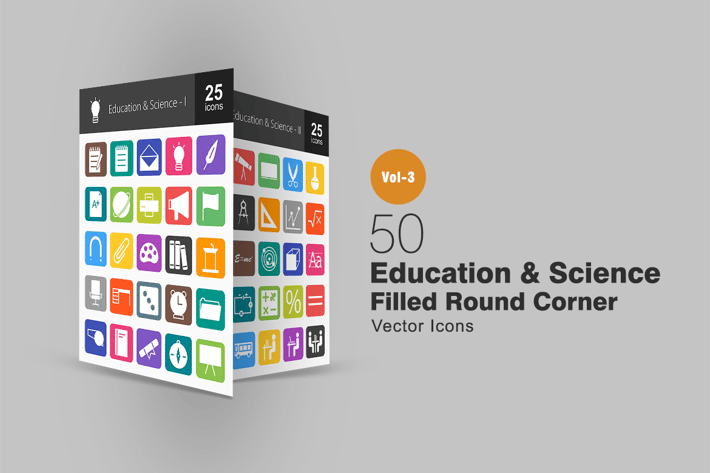 50 Education & Science Flat Round Corner Icons