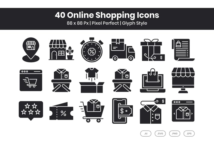 40 Online Shopping Icons Set - Glyph Style