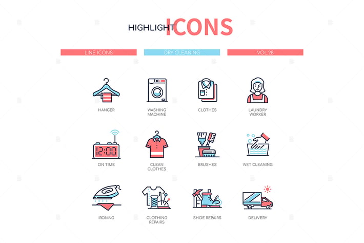 Dry cleaning - line design style icons set