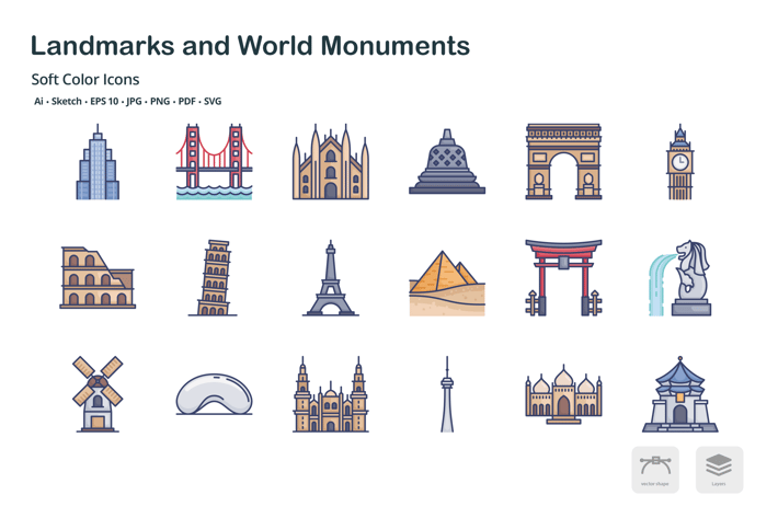 Landmark and world monuments soft color icons
