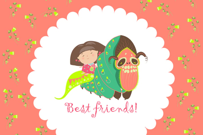 Little girl and her friend-caterpillar. Vector