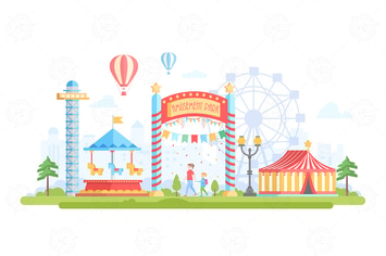 City with amusement park - vector illustration