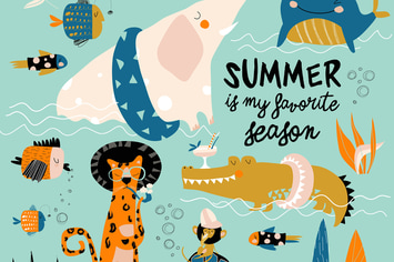 Funny cartoon animals swimming in blue sea. Vector