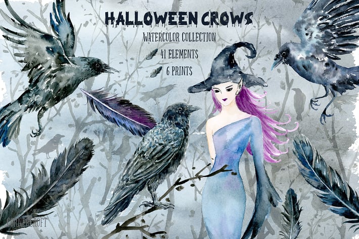 Halloween Crows and Witch Watercolor