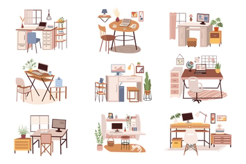 Workplaces Or Home Offices Set Isolated Elements