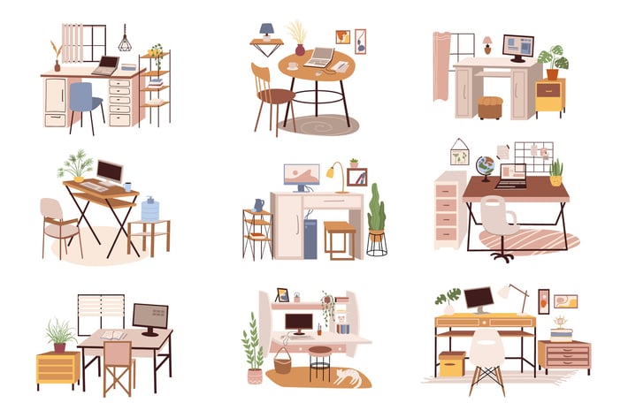 Workplaces Or Home Offices Set Isolated Elements