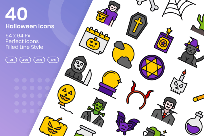 40 Halloween Icons Set - Filled Line
