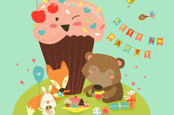Birthday background with happy animals. Vector 