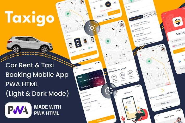 Car Rental and Taxi Booking Mobile App PWA HTML