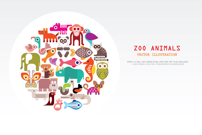 Zoo Animals round shape vector illustration