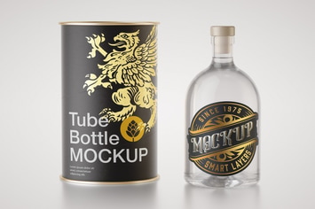 Clear Liquor Bottle with Paper Tube Mockup