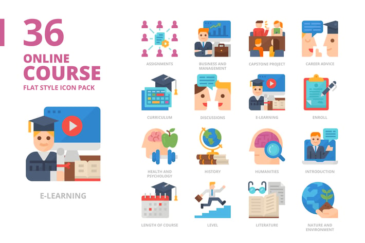 Online Course Flat Design Icon Set