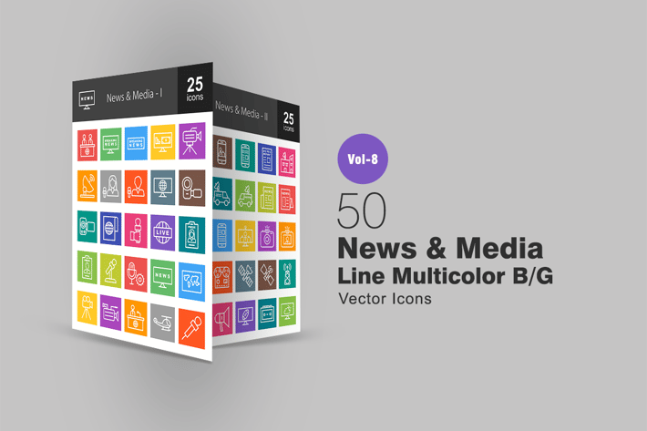 50 News & Media Line Multicolor B/G Icons