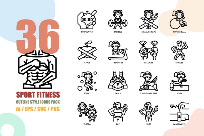 Sport Fitness Outline Style Icon set 