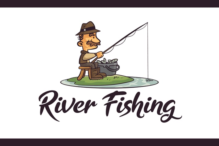 Retro Cartoon River Fishing Character Mascot Logo