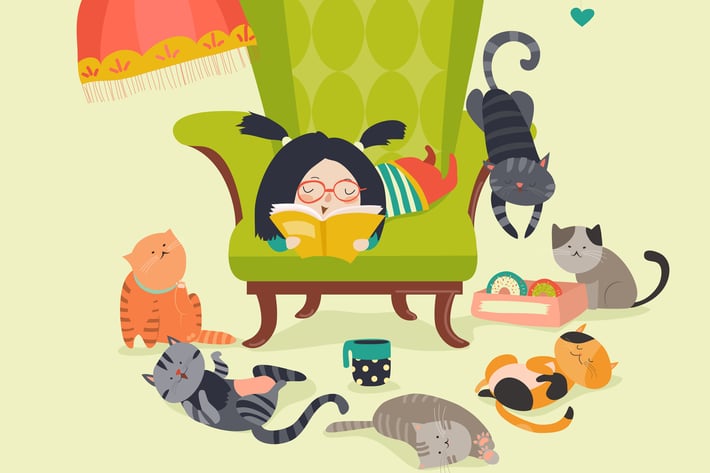 Cute girl reading book to cats. Vector 