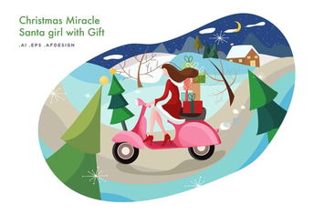Santa Girl with Gift Vector Illustration