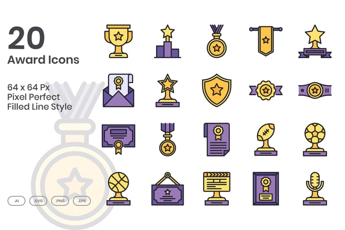 20 Award Icons Set - Filled Line