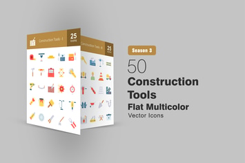 50 Construction Tools Flat Multicolor Icons