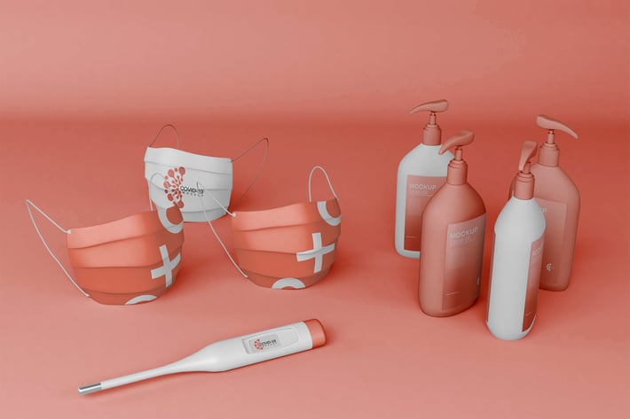 Thermometer and Mask with Coronavirus Mockup