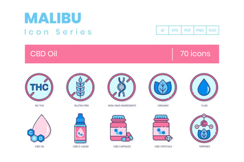 70 CBD Oil Line Icons