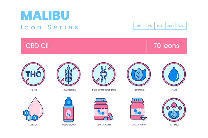 70 CBD Oil Line Icons