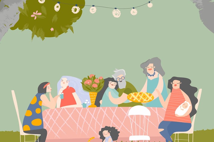 Cartoon happy family having dinner in blossom gard