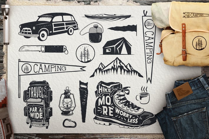 Vintage Surfing Icons / Summer Camping Symbols