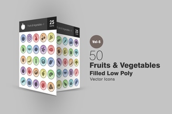 50 Fruits & Vegetables Filled Low Poly Icons
