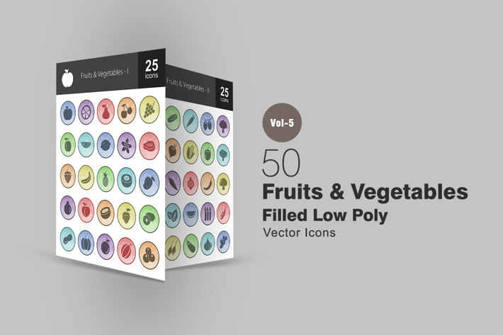 50 Fruits & Vegetables Filled Low Poly Icons
