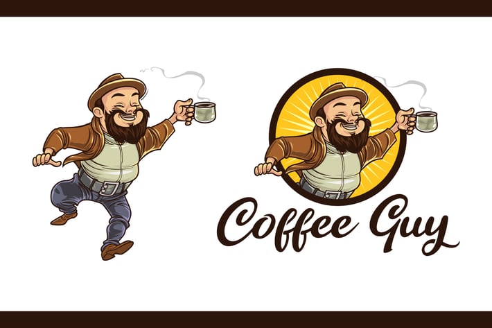 Cartoon Bearded Coffee Guy Character Mascot Logo