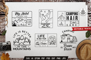 Camping Badges Vintage Bundle Retro Line Labels