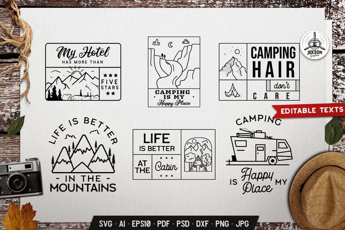 Camping Badges Vintage Bundle Retro Line Labels