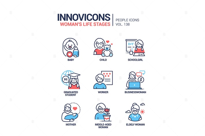 Life stages of a woman - line design style icons