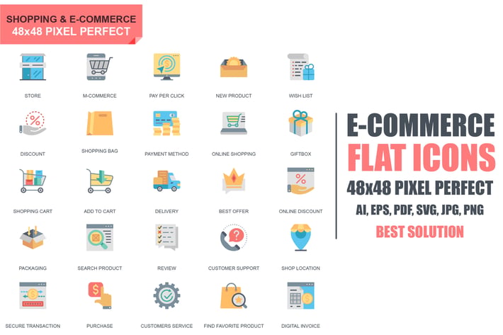 Simple Set Shopping and E-Commerce Flat Icons