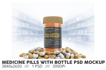 Medicine Pills With Bottle PSD Mockup