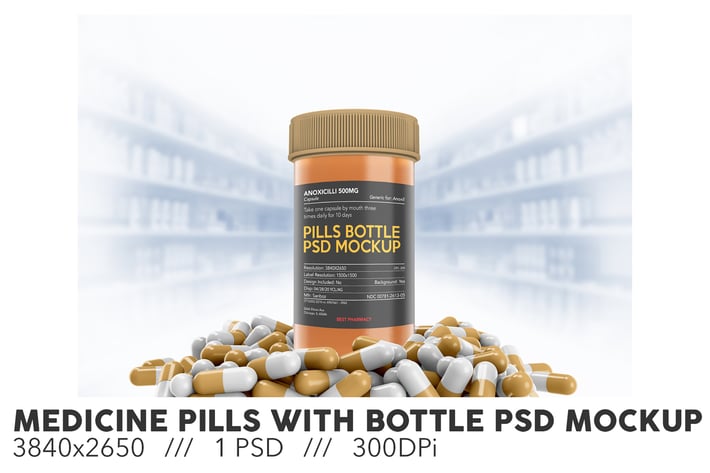Medicine Pills With Bottle PSD Mockup