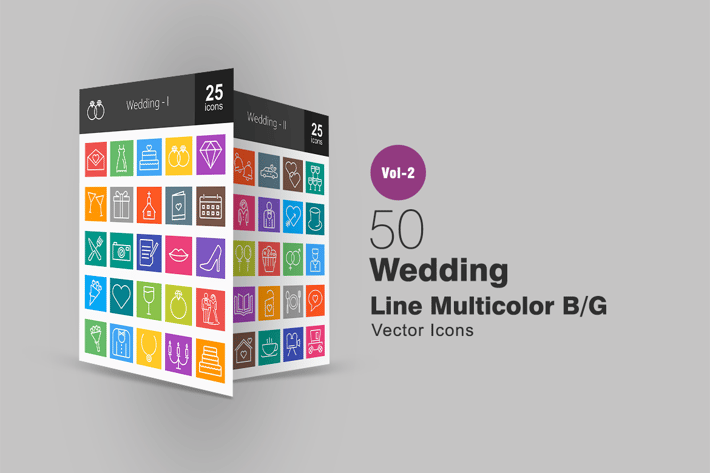 50 Wedding Line Multicolor Icons
