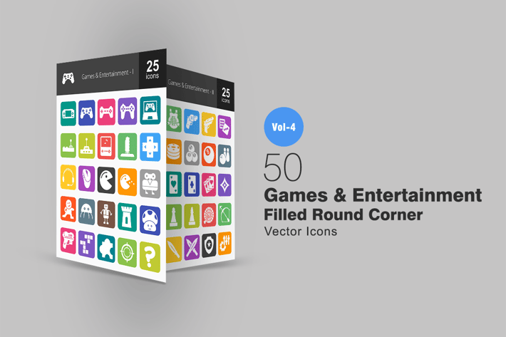 50 Games & Entertainment Flat Round Corner Icons