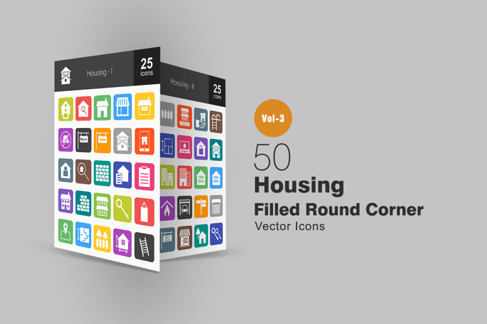 50 Housing Flat Round Corner Icons