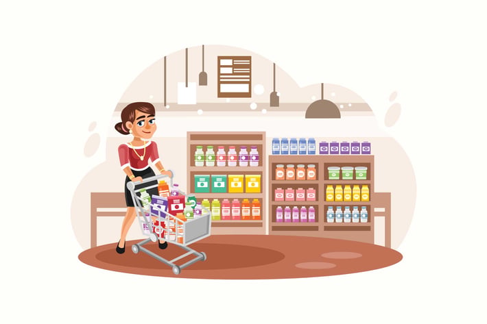 Young Woman Shopping at Supermarket Illustration