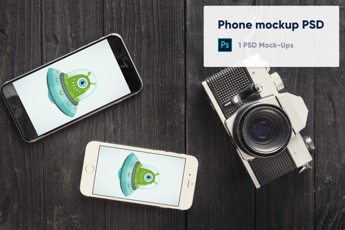 Two phones and old camera mockup psd