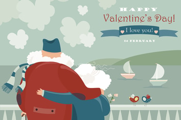 Happy old couple looking at the sea. Vector 