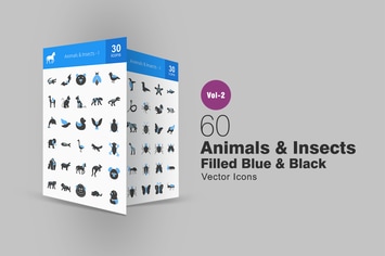60 Animals & Insects Filled Blue & Black Icons