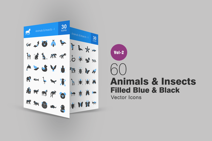 60 Animals & Insects Filled Blue & Black Icons