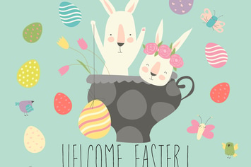 Cute cartoon bunny with Easter eggs and flowers. 