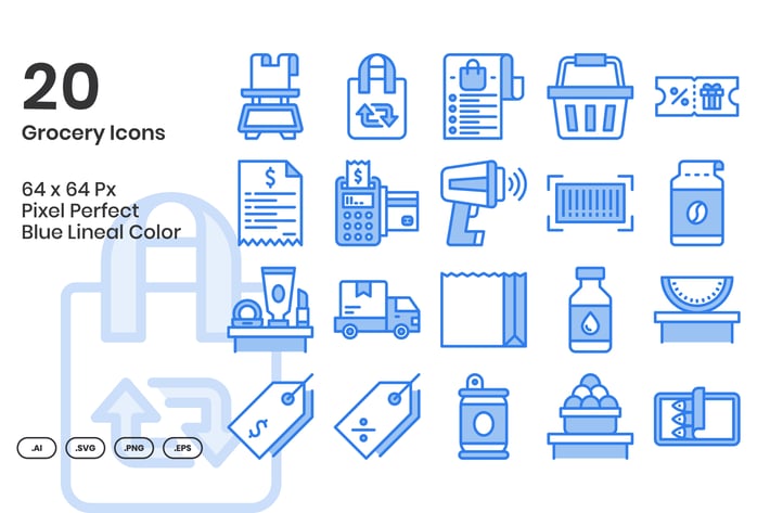 20 Grocery  Icons Set - Blue Lineal Color