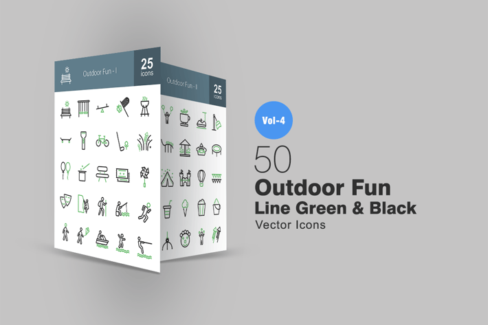 50 Outdoor Fun Line Green & Black Icons