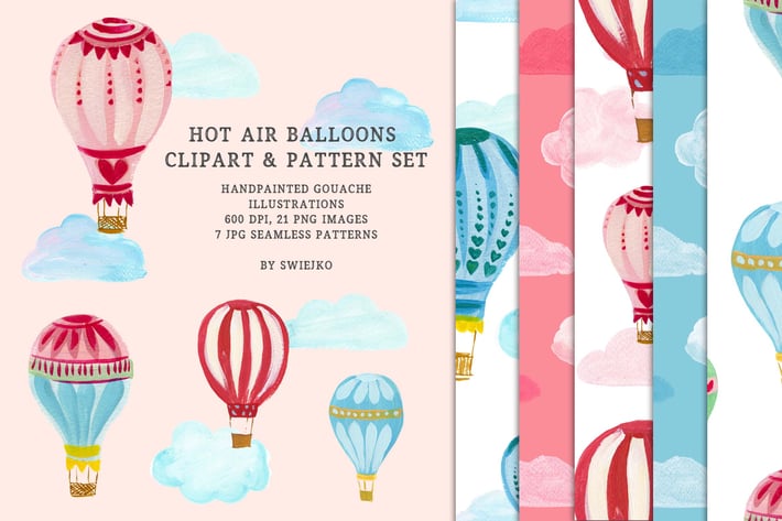 Hot Air Balloons clipart & pattern set